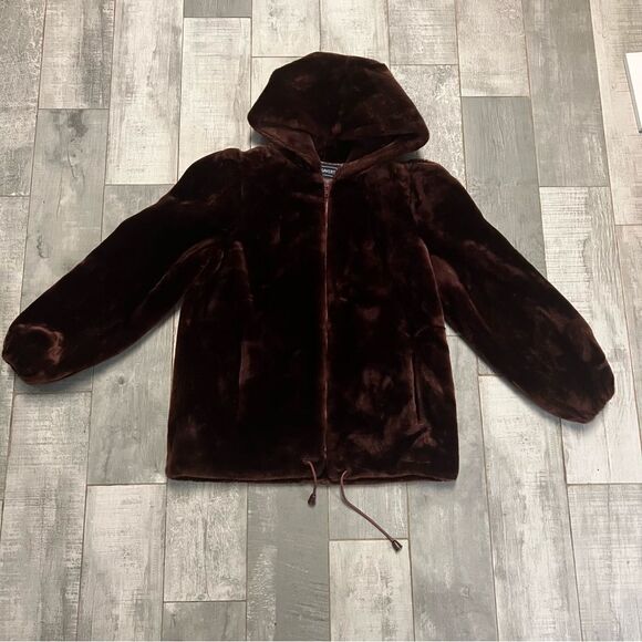 Vintage 70s Faux Fur Coat Brown Hood Full Oversized Jacket Bubble Sleeve Loeve M - Picture 4 of 16